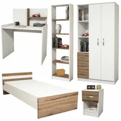 Elita Uşaq Otağı Mebel Dəsti + Çarpayı, Geyim Dolabı, Çalışma Masası, Tumba, Kitab Rəfi - Ağ/Cəviz - 1