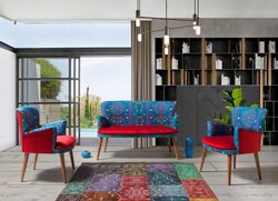 Etnik 3lü Çay Seti Divan Kreslo Dəsti Mavi-Kırmızı - Vistaso Concept