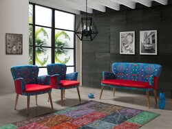 Etnik 3lü Çay Seti Divan Kreslo Dəsti Mavi-Kırmızı - Vistaso Concept (1)