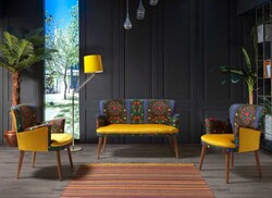 Etnik 3lü Çay Seti Divan Kreslo Dəsti Mavi-Sarı - Vistaso Concept