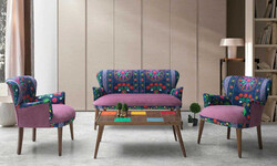 Etnik 3lü Çay Seti Divan Kreslo Dəsti Mor-Mavi - Vistaso Concept