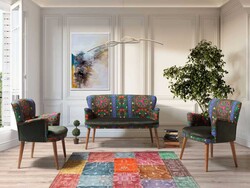 Etnik 3lü Çay Seti Divan Kreslo Dəsti Siyah-Mavi - Vistaso Concept