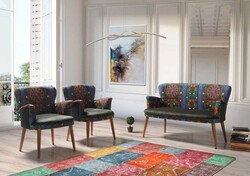 Etnik 3lü Çay Seti Divan Kreslo Dəsti Siyah-Mavi - Vistaso Concept (1)