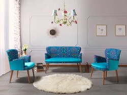 Etnik 3lü Çay Seti Divan Kreslo Dəsti Turkuaz - Vistaso Concept