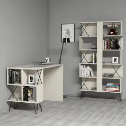 Extra Çalışma Masası və Kitab Rəfi Dəsti - Krem - 2