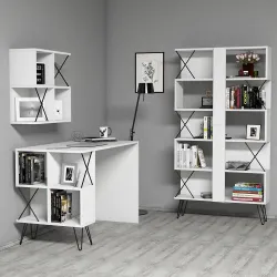 Extra Divar Rəfli Çalışma Masası və Kitab Rəfi Dəsti - Ağ - 2