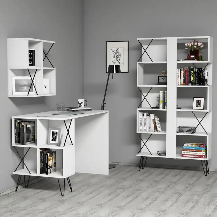Extra Divar Rəfli Çalışma Masası və Kitab Rəfi Dəsti - Ağ - 2