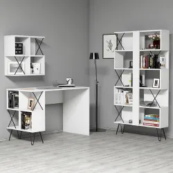 Extra Divar Rəfli Çalışma Masası və Kitab Rəfi Dəsti - Ağ 