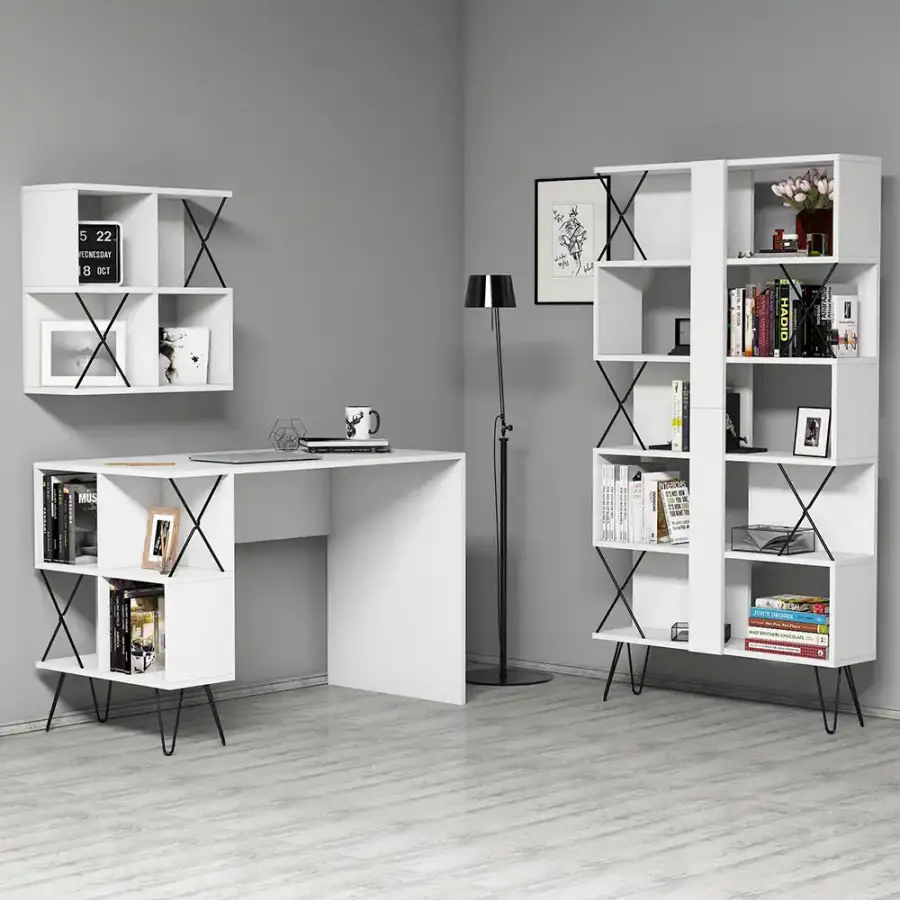 Extra Divar Rəfli Çalışma Masası və Kitab Rəfi Dəsti - Ağ - 1
