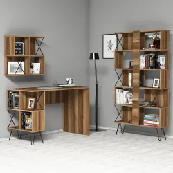 Extra Divar Rəfli Çalışma Masası və Kitab Rəfi Dəsti - Cəviz - 1