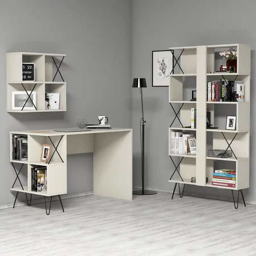 Extra Divar Rəfli Çalışma Masası və Kitab Rəfi Dəsti - Krem - 1
