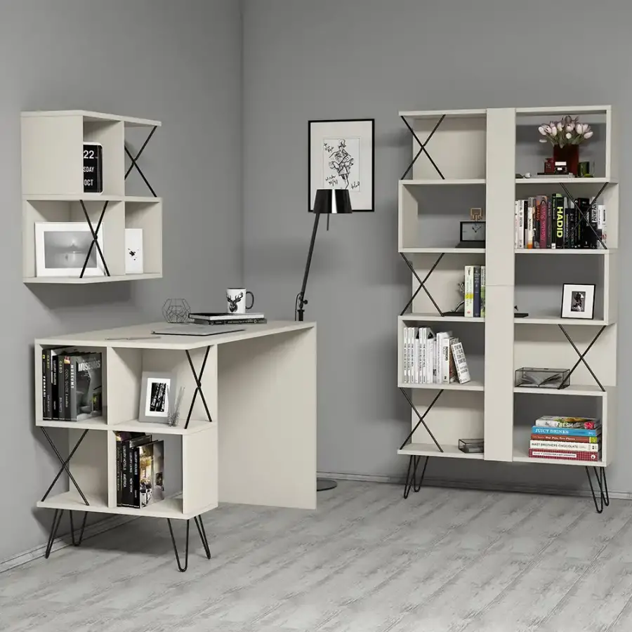 Extra Divar Rəfli Çalışma Masası və Kitab Rəfi Dəsti - Krem - 2