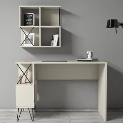 Extra Divar Rəfli Çalışma Masası və Kitab Rəfi Dəsti - Krem - 3