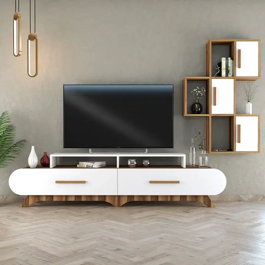 Flora Divar Rəfli Tv Stend - Cəviz/Ağ - 1