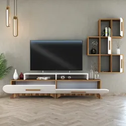 Flora Divar Rəfli Tv Stend - Cəviz/Ağ - 3