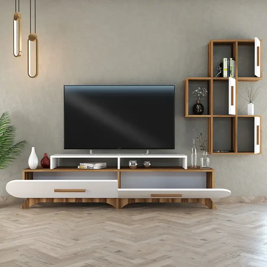 Flora Divar Rəfli Tv Stend - Cəviz/Ağ - 3