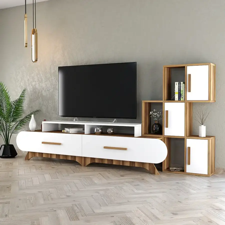 Flora Divar Rəfli Tv Stend - Cəviz/Ağ - 4