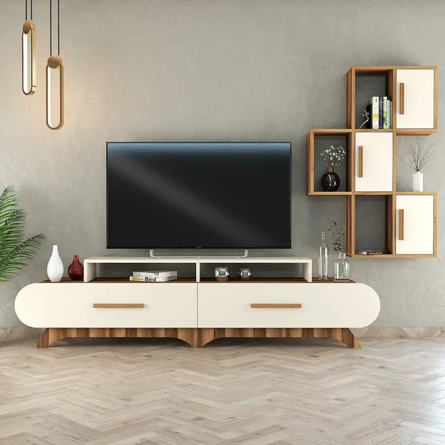 Flora Divar Rəfli Tv Stend - Cəviz/Krem - 1