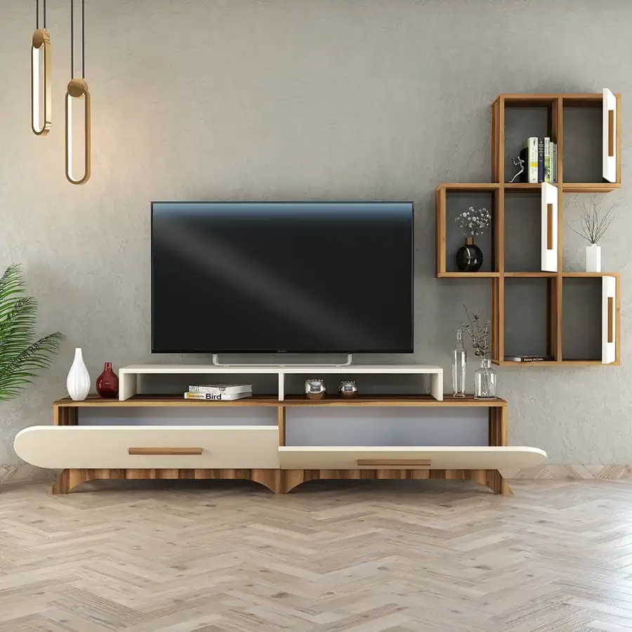 Flora Divar Rəfli Tv Stend - Cəviz/Krem - 4