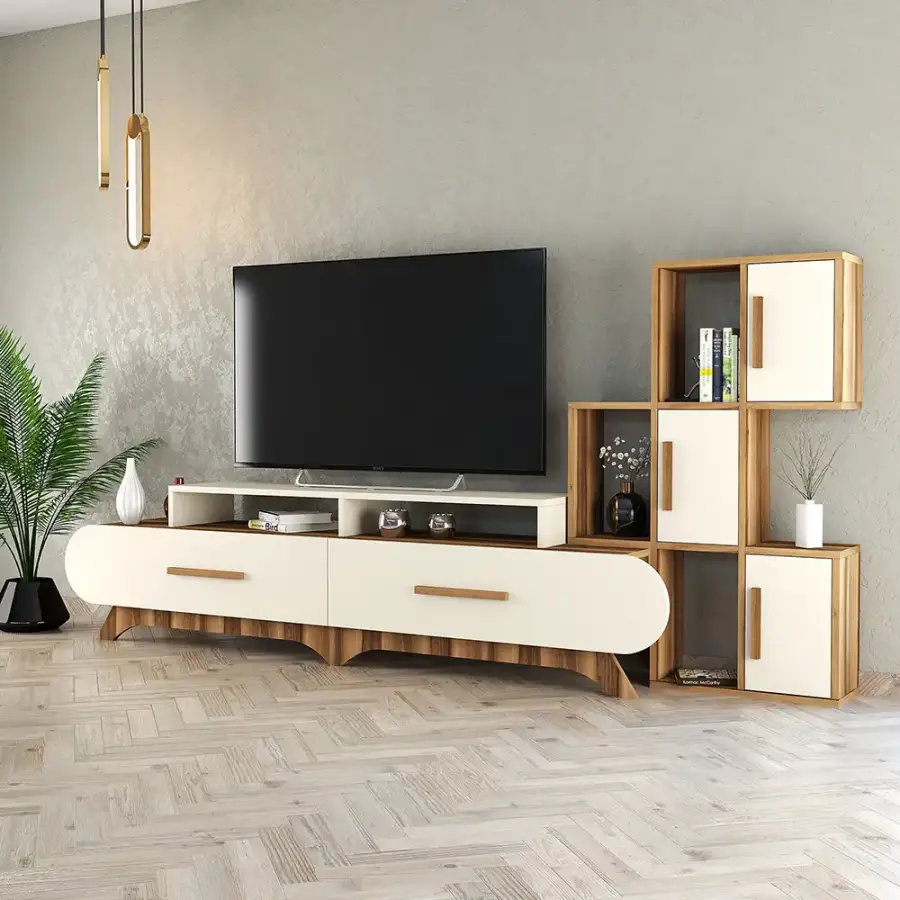 Flora Divar Rəfli Tv Stend - Cəviz/Krem - 3