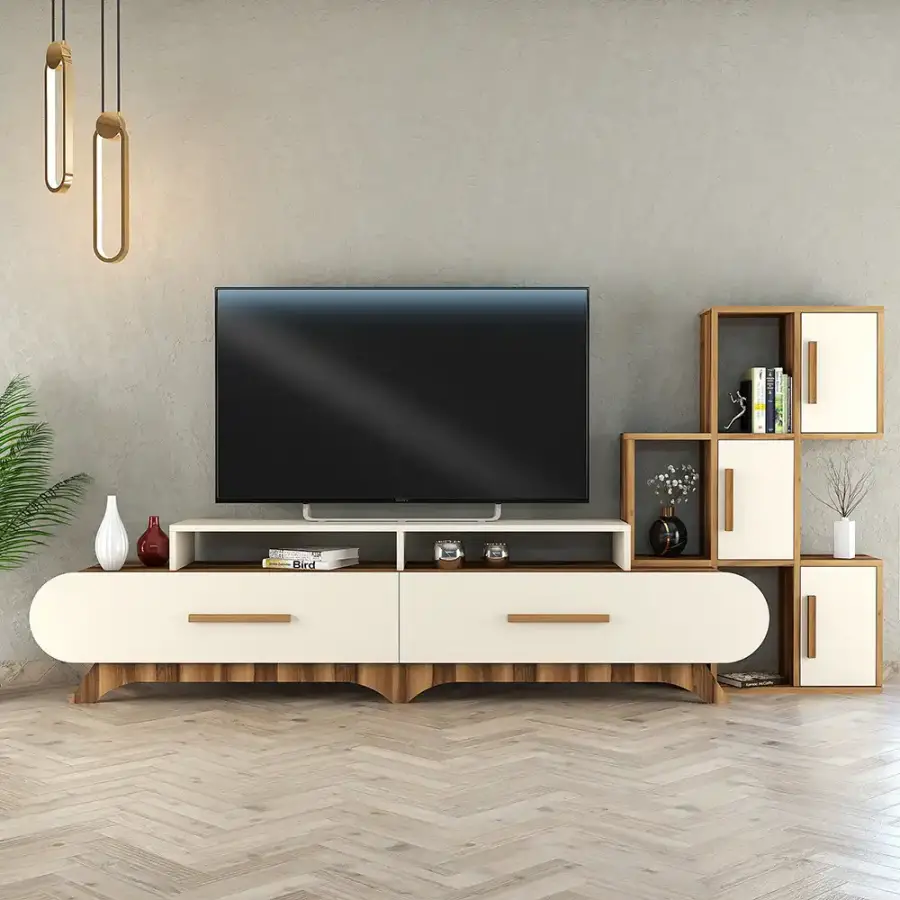Flora Divar Rəfli Tv Stend - Cəviz/Krem - 2
