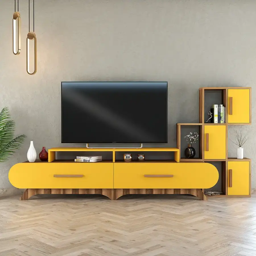 Flora Divar Rəfli Tv Stend - Cəviz/Sarı - 2