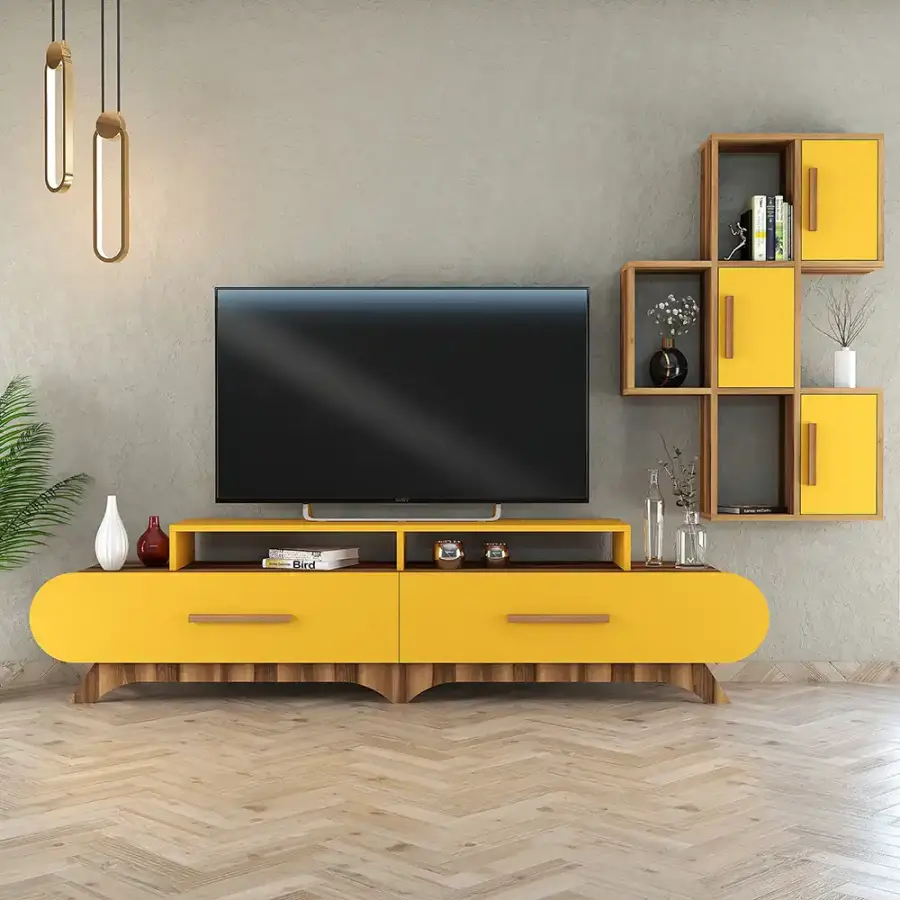 Flora Divar Rəfli Tv Stend - Cəviz/Sarı - 1