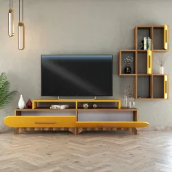 Flora Divar Rəfli Tv Stend - Cəviz/Sarı - 4