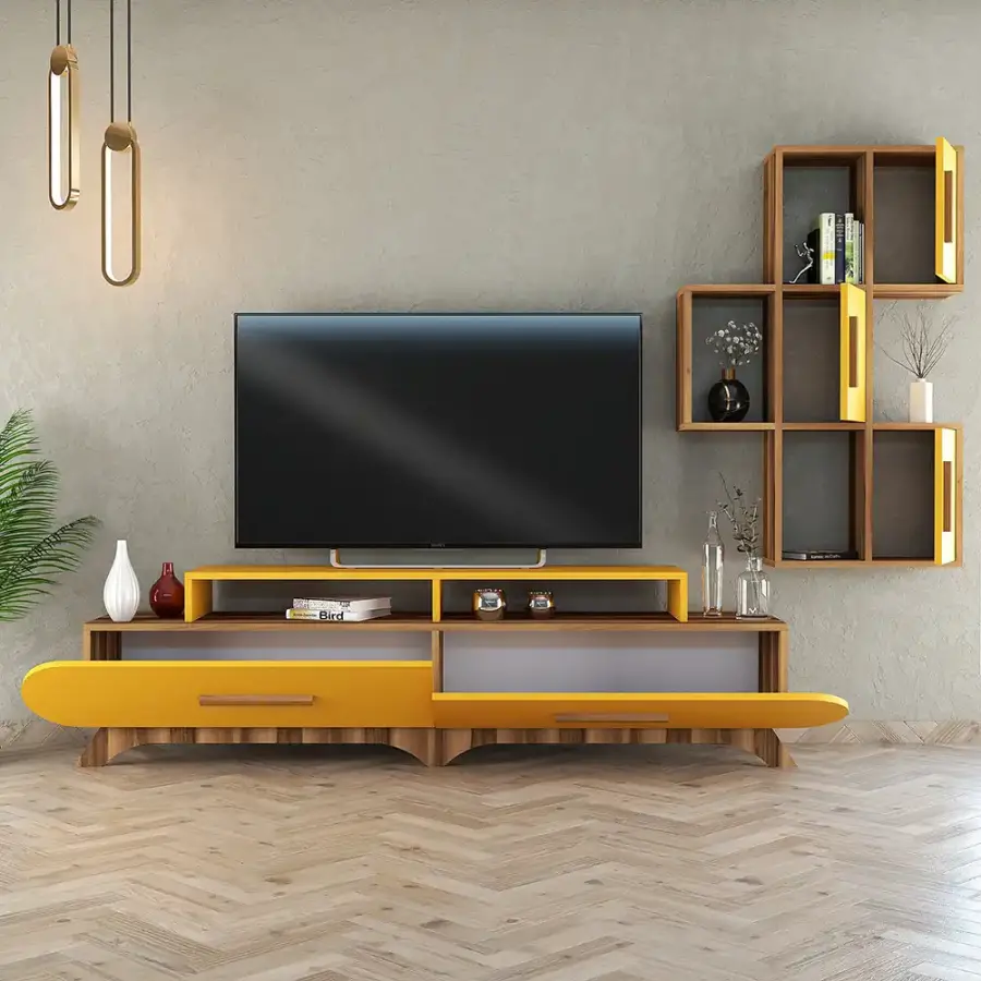 Flora Divar Rəfli Tv Stend - Cəviz/Sarı - 4