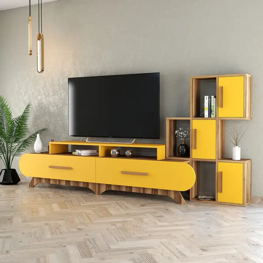 Flora Divar Rəfli Tv Stend - Cəviz/Sarı - 3