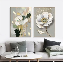 Flower Gold Green 2'li Set Kətan Tablo TB2009S2 - 1