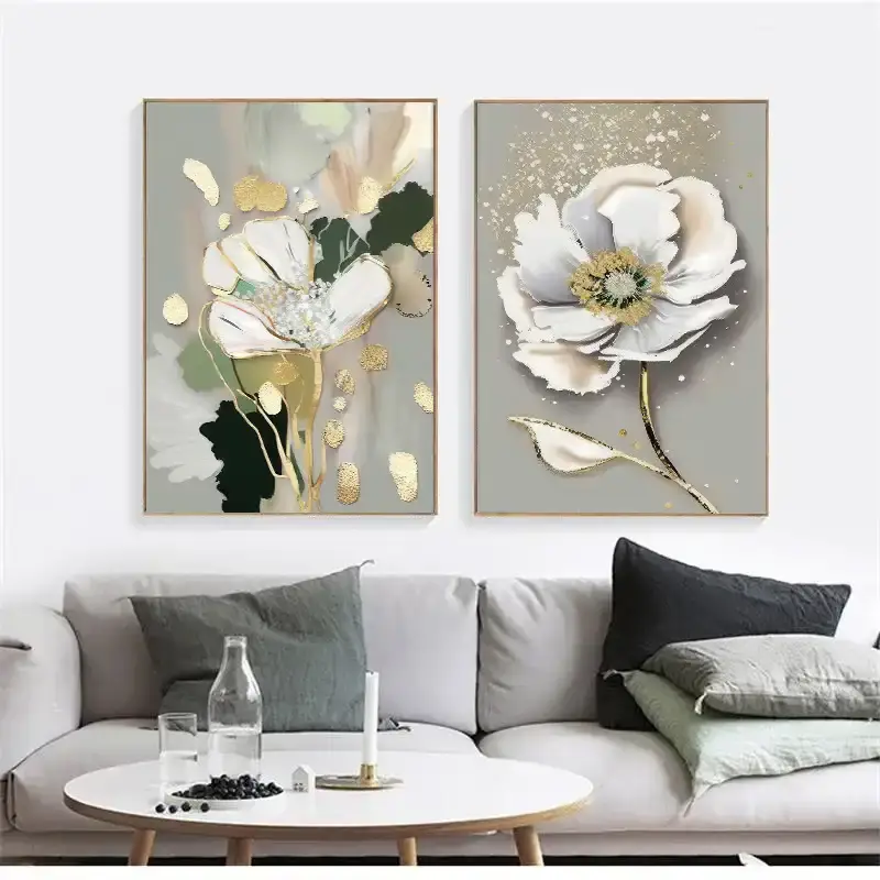 Flower Gold Green 2'li Set Kətan Tablo TB2009S2 - 1