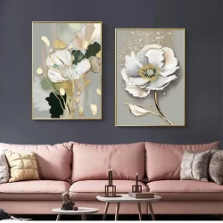 Flower Gold Green 2'li Set Kətan Tablo TB2009S2 - 2