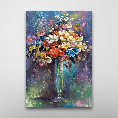 Flowers in the Vase Oil Kətan Tablo - 2