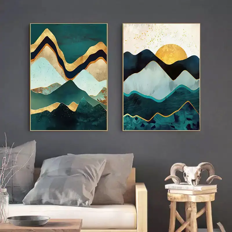 Gold Abstract Moon 2'li Set Kətan Tablo TB1203 - 1