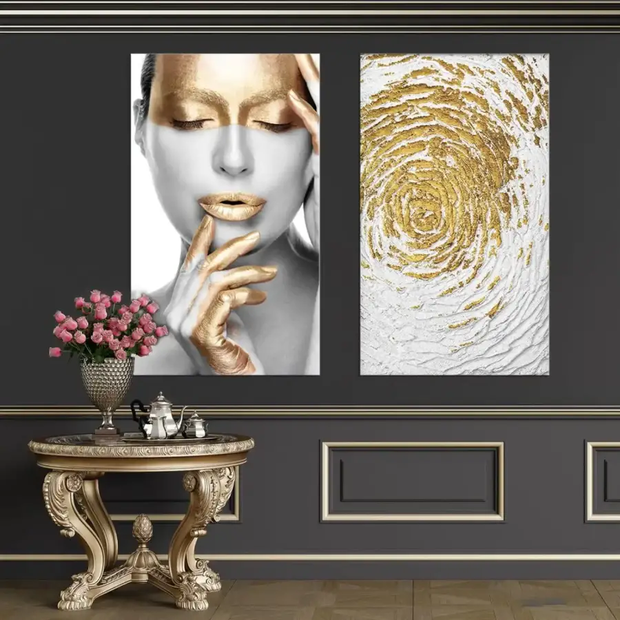Gold Girls and Abstract 2li Set Kətan Tablo TB2034 - 1