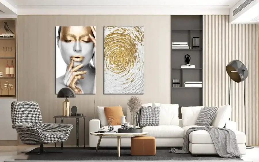 Gold Girls and Abstract 2li Set Kətan Tablo TB2034 - 2
