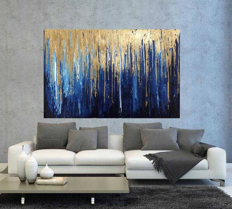 Gold Navy Blue Art Gold Kətan Tablo TB1281 - 1