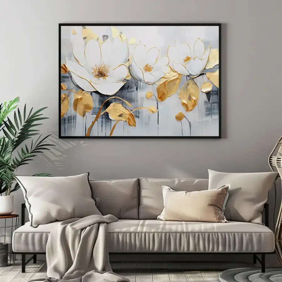 Gold Oil Painting Flower Kətan Tablo TB2081 - 2