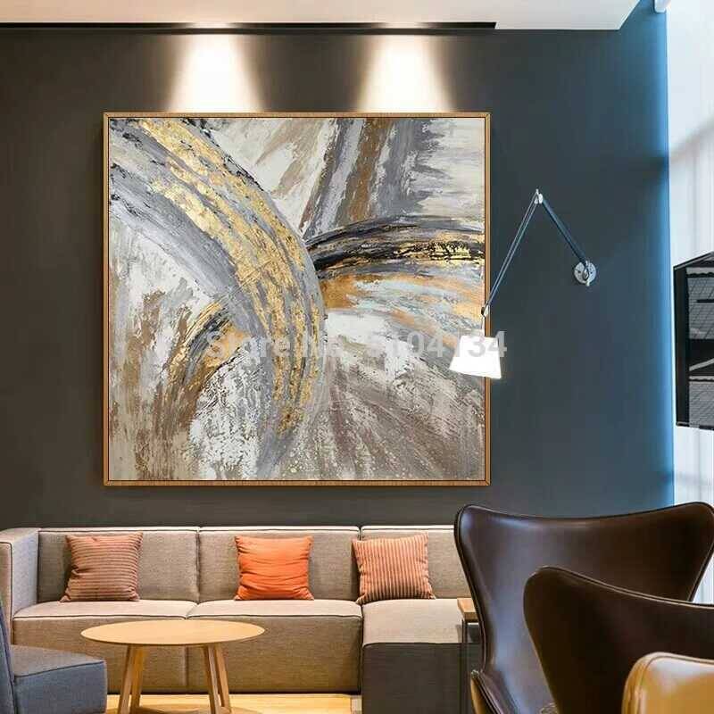 Grey Color and Gold Foil Kətan Tablo TB1420 - 1