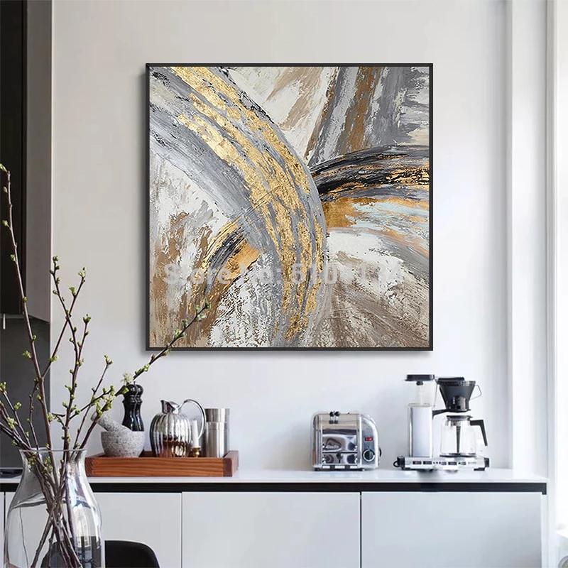 Grey Color and Gold Foil Kətan Tablo TB1420 - 4