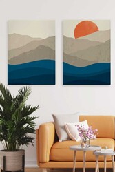 Kətan Dark Blue Mountain Deseni 2'li Tablo Seti 0646 - Markaev