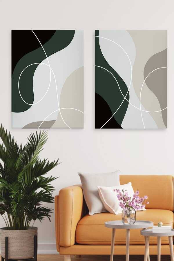 Kətan Green Modern Draw Deseni 2'li Tablo Seti 0682 - 1