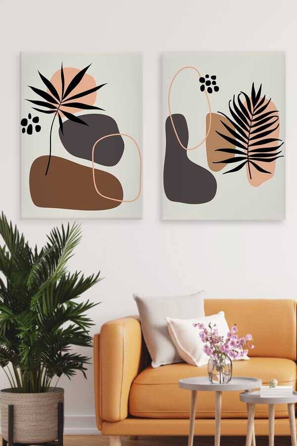 Kətan Minimal Modern Leaf Deseni 2'li Tablo Seti 0700 - 1