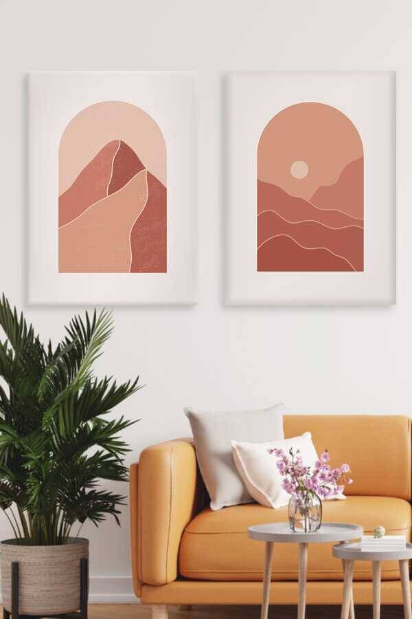 Kətan Minimal Mountain Deseni 2'li Tablo Seti 0701 - 1