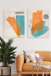 Kətan Turkuaz Mimimal Deseni 2'li Tablo Seti 0734 - Markaev