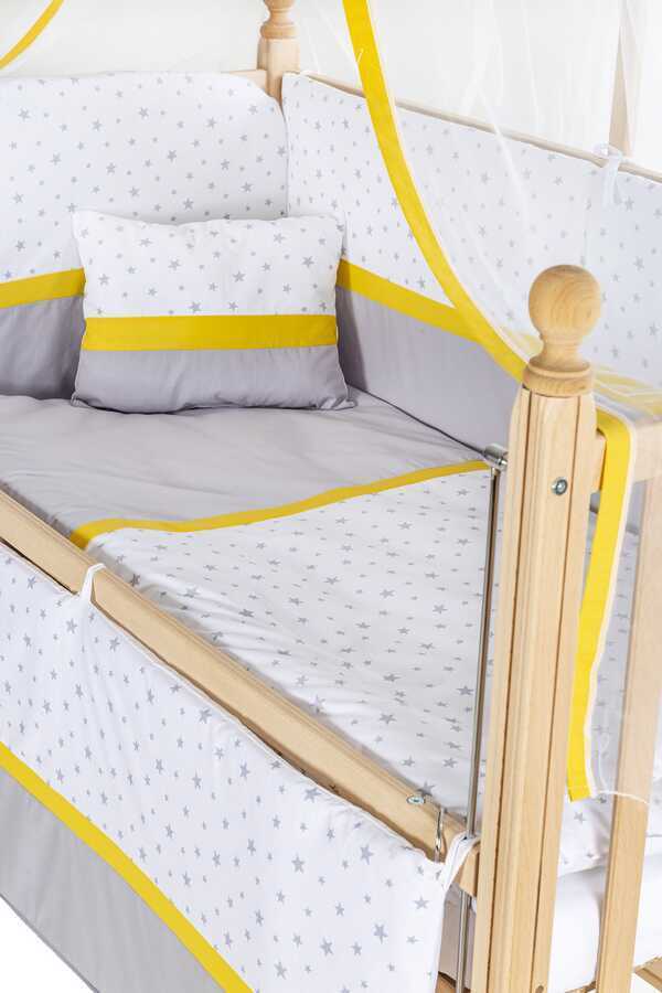 Klasik Anne Yanı 60x120 Naturel Tekerlekli Beşik - Sarı Biyeli Uyku Seti