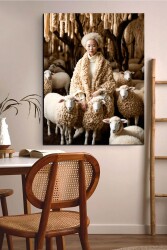 Koyun ve Koyun Postlu Kadın Kanvas Tablo - Markaev