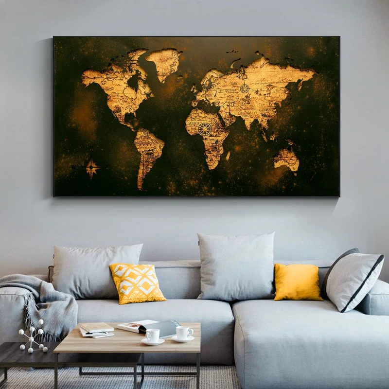 Large Retro Map Kətan Tablo TB1371 - 2