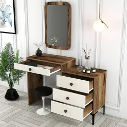 Lizbon Güzgülü Makiyaj Masası - Cəviz/Krem - Modev (1)